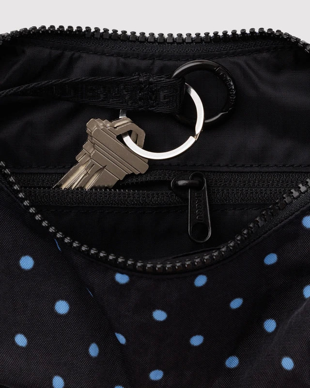 Baggu Small Nylon Crescent Bag in Black & Sky Blue Micro Dot