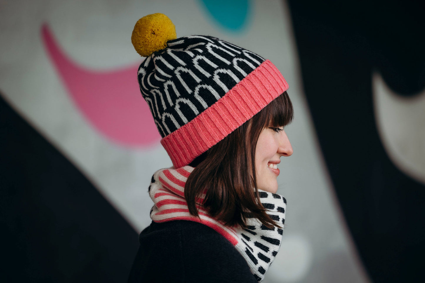 Lambswool Arch Patterned Hat in Pink and Yellow