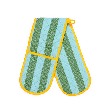 Cotton Double Oven Glove in Green & Blue Stripe