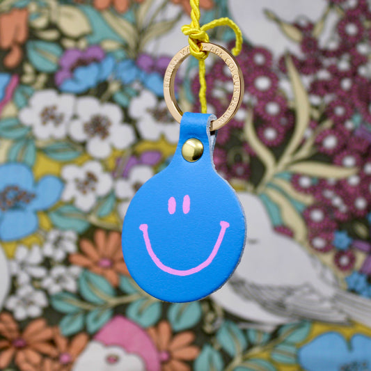 Smiley Face Leather Keyring in Cornflower Blue