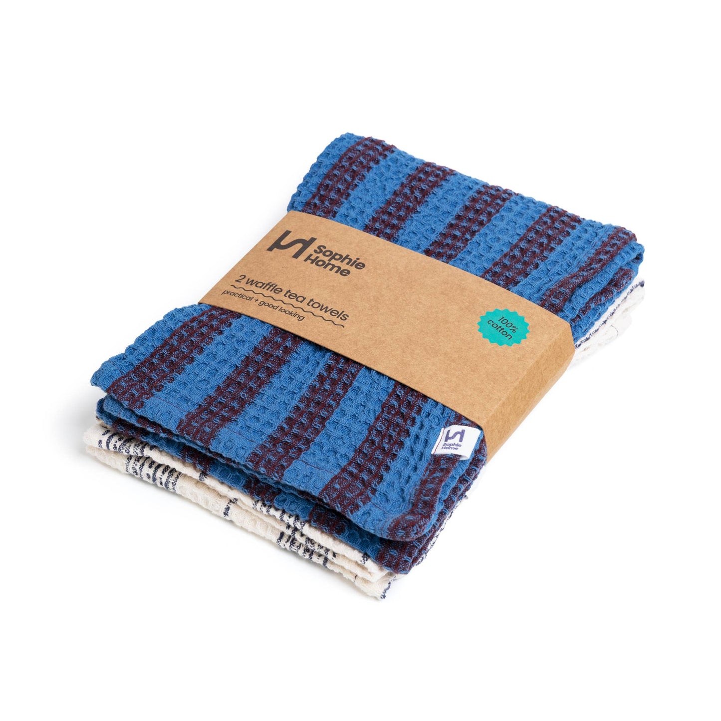 Cotton Waffle Tea Towels Pack of 2 in Cobalt & Ivory Stripe