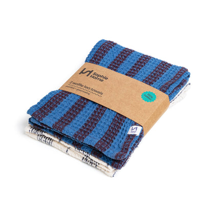 Cotton Waffle Tea Towels Pack of 2 in Cobalt & Ivory Stripe