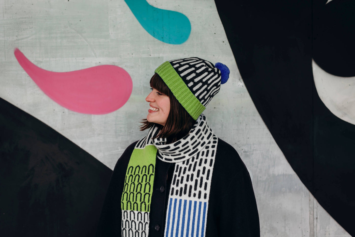 Lambswool Dash Patterned Hat in Green and Blue