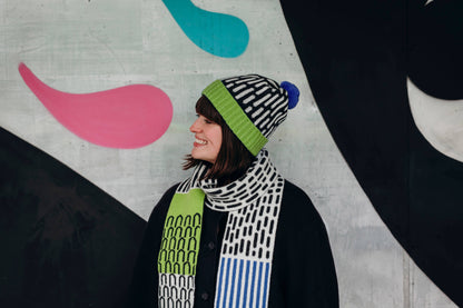 Lambswool Dash Patterned Hat in Green and Blue