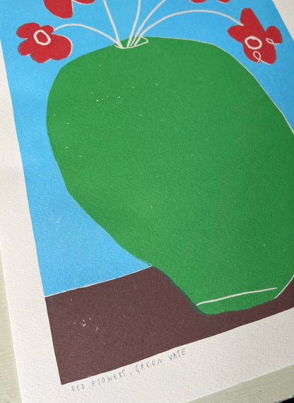 Red Flowers, Green Vase A3 Art Print