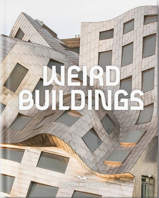 Book titled 'Weird Buildings' with architectural design on the cover against a light gray background