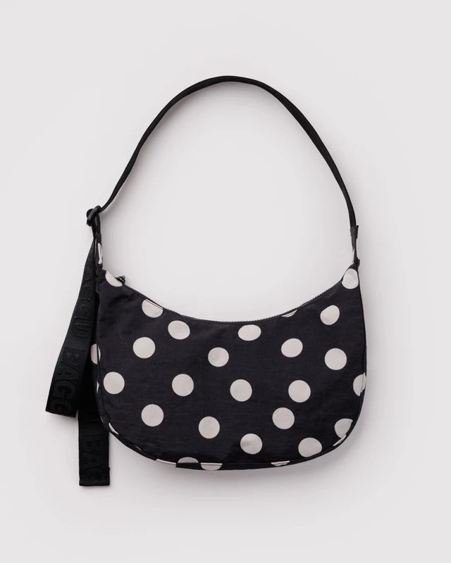 Baggu Medium Nylon Crescent Bag in Black & Cream Polka Dot