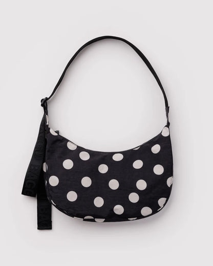 Baggu Medium Nylon Crescent Bag in Black & Cream Polka Dot