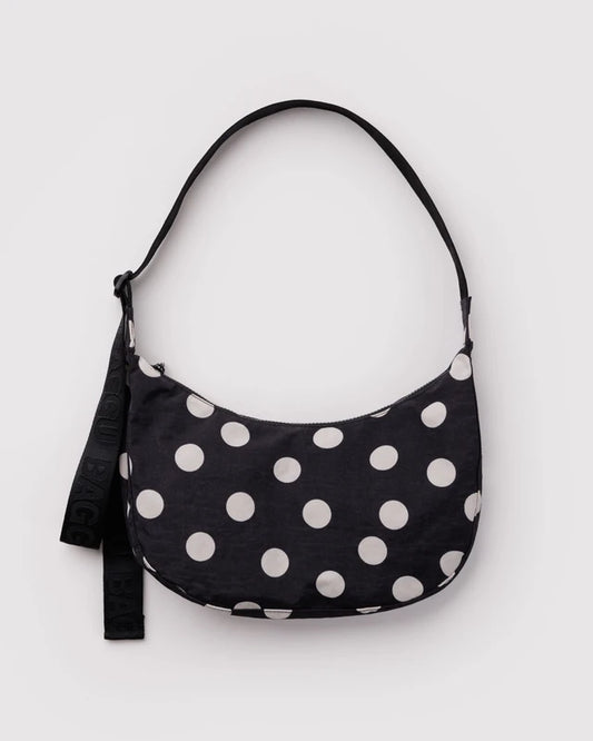 Baggu Medium Nylon Crescent Bag in Black & Cream Polka Dot