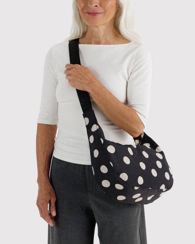 Baggu Medium Nylon Crescent Bag in Black & Cream Polka Dot