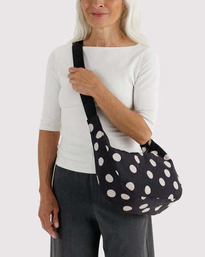 Baggu Medium Nylon Crescent Bag in Black & Cream Polka Dot